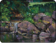 pastel painting, rocks river, greens, brown